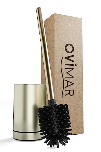 Ovimar ROMO Gold - Escobilla de baño de silicona, función de ventilación, cabezal de cepillo de acero inoxidable intercambiable, bandeja de goteo extraíble, independiente