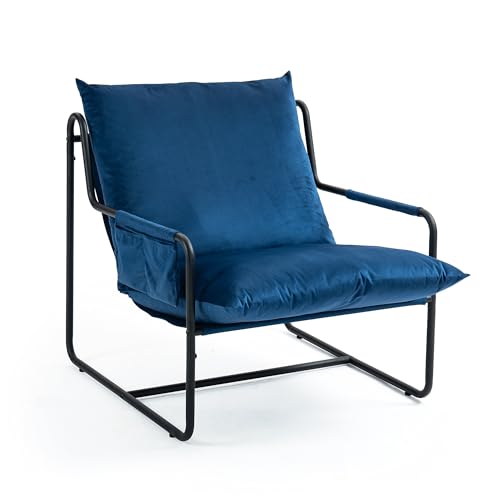 TIANSHU Sillón de Terciopelo con Cabestrillo, Butacas de Salón con Cojines Desmontables Sillones para el Salón de Metal Sillon Lectura con Bolsillo Lateral Dormitorio Oficina (Azul Oscuro)