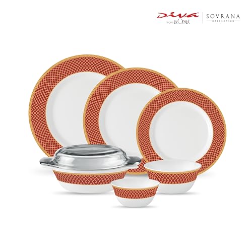 Image of La Opala Diva Sovrana Collection Opal Glass Crockery | for Family of 6 | Dinner Set 35 pcs Regent Red | Plates & Bowls for Dining | Microwave Safe | 100% Vegetarian | Extra Strong | Light & White