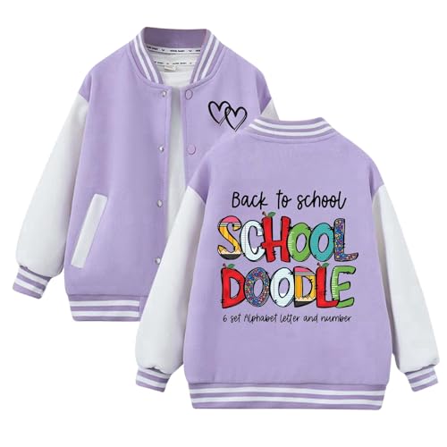Generisch Cárdigan infantil con estampado de letras y estampado floral para otoño e invierno, chaqueta de béisbol cálida para niños, chaqueta térmica para niños, Color lila claro., 4-5 años