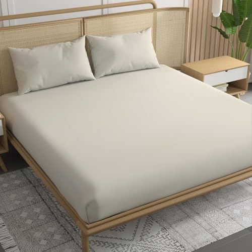 Image of Trance Home Linen 300 TC Bamboo Fitted Queen Size Bedsheet | Soft, Breathable & Eco-Friendly Bedsheet with 2 Pillow Cover - (78 x 60 inch, Off White)