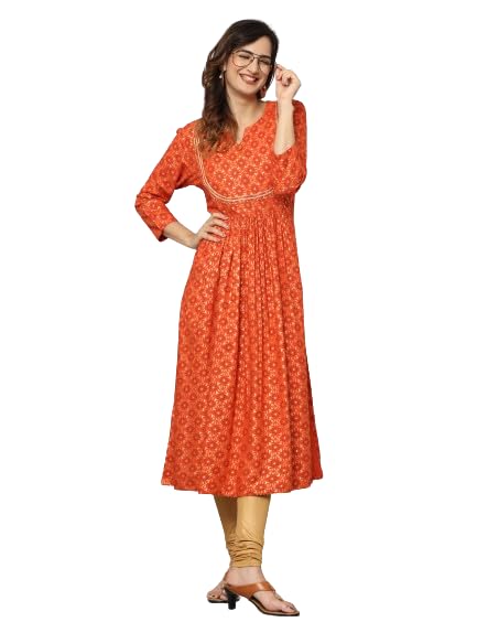 Image of Gold Print Kurta with Gota Lace on Front Yoke, Bottom Hem & Sleeve