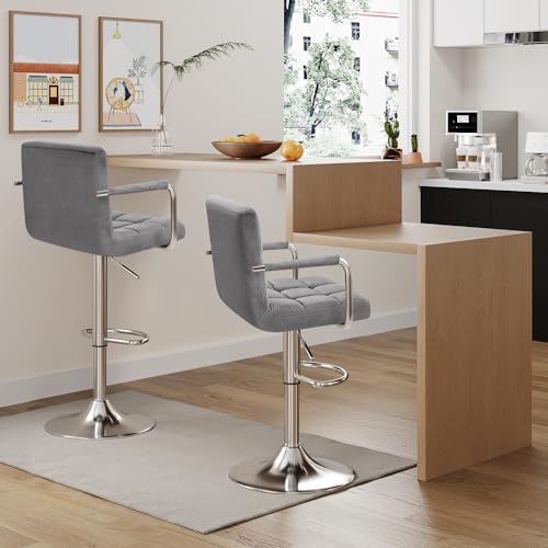 Furmax Set de 2 Butacos con Apoyabrazos Modernos de Terciopelo Giratorios y Ajustables con Base y Asiento Grandes en Color Gris miniatura 2