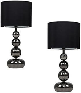 MiniSun Pair of - Black Chrome Stacked Balls Table Lamps with Black Faux Silk Shades
