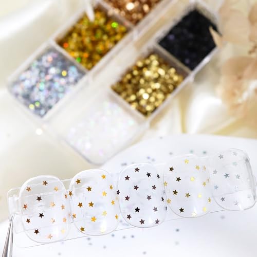 1 Box 6 Color Holographic Tiny Star Nail Glitter Laser Gold Nail Sequins 3D Laser Silver Nail Flakes Sparkly Glitter Flakes Shiny Nail Glitter Champagne Nail Sequins Glitter for Nails Art 6 Grids