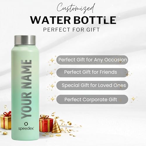 Image of Speedex Customised Engraved Name Stainless Steel Water Bottle 1 Ltr - Personalised Screw Cap Bottle for Kids, Men & Women, School, Office, Gym, Dual Green, Set of 1