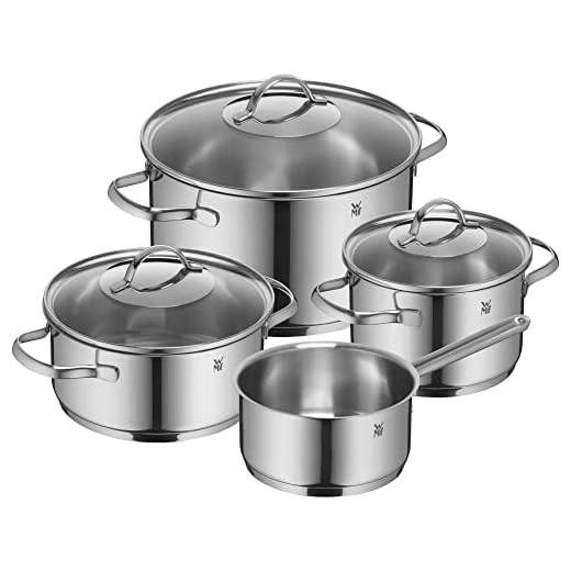 WMF Provence Plus Pannenset, Potten Met Glazen Deksel, Inductiepannen, Steelpan, Ongecoat, Ovenbestendig, Cromargan Gepolijst Roestvrij Staal, Zilver, 4 Stuks