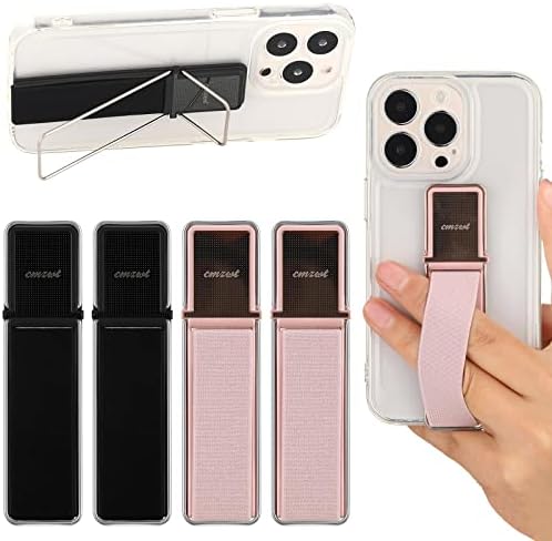 4 Pieces Phone Grip Strap Telescopic Phone Kickstand Elastic Finger Holer Hand Strap Adhesive Loop for Phone Grip with Stand Compatible with Most Smartphones (Black, Rose Gold)
