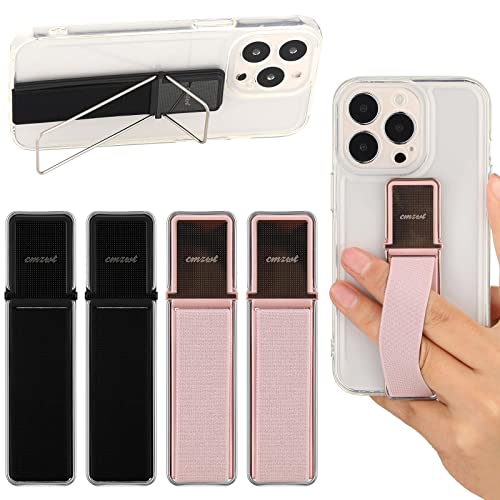 4 Pieces Phone Grip Strap Telescopic Phone Kickstand Elastic Finger Holer Hand Strap Adhesive Loop for Phone Grip with Stand Compatible with Most Smartphones (Black, Rose Gold)