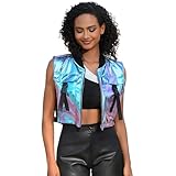 Features: Cropped vest for women, bomber jacket collar, large cargo pocket with stylish buckle, metal full zipper, solid color, full cutout on the sides with adjustable buckle to make you look more sexy, perfect to show feminine charm. Fabric: Metall...