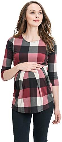 LaClef Women's Round Neck 3/4 Sleeve Front Pleat Peplum Maternity Top, Burgundy Plaid, Medium