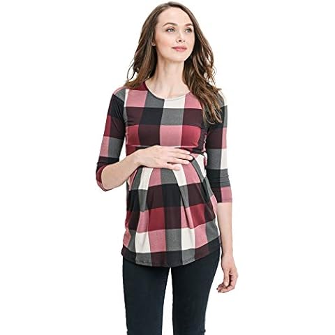 LaClef Women's Round Neck 3/4 Sleeve Front Pleat Peplum Maternity Top, Burgundy Plaid, X-Large Cover