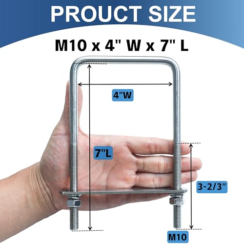 Image of 2 Pcs M10 Square U Bolts 4 Inch Wide, 3 /8 inch x 4 inchW x 7 inch L | 304 Stainless U Bolt Heavy Duty with Nuts, Bolt Plate and Washers,4 inch u bolt,Metric bolts