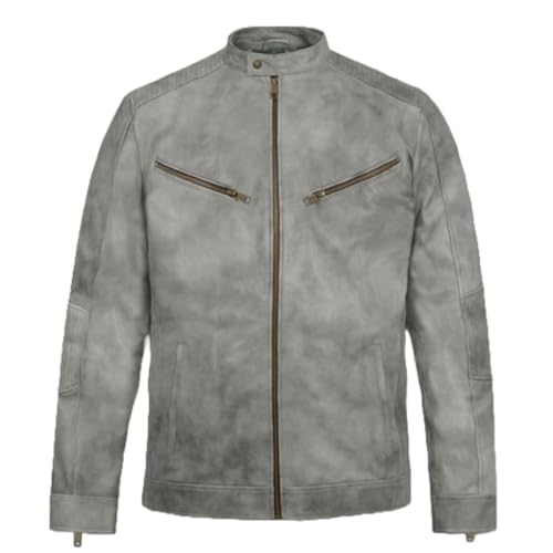 Men’s Distressed Gray Leather Jacket – Slim Fit Vintage Biker Style, Vintage Cafe Racer Motorcycle Leather Jackets