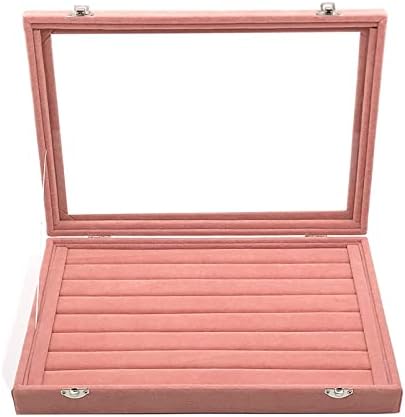Jewelry Box Velvet Jewelry Storage Box with Glass Cover Pink Color Earrings Necklace Bracelet Ring Storage Tray and Display Props 35 x 24 x 5cm (Necklace Box)