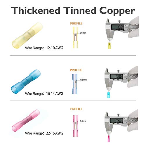 Airic Heat Shrink Wire Connectors Waterproof 100Pcs Marine Automotive Electrical Crimp Insulated Connectors 22-16Awg 16-14 Gauge 12-10 Awg Butt Splice Terminal Connectors Kit #TOP3