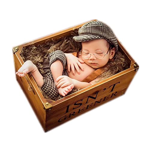 Image of Coberllus Newborn Baby Photography Photo Props Checked Fabric Boys Flat Cap & Suspender Pants Romper Photography