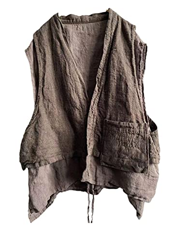 NFYM Women's Linen Vest Sleeveless Open Front Kimono Cardigan Hippie Vintage Waistcoat with Pockets