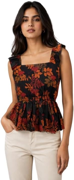 SANA VISTA Women Floral Printed Sleeveless Peplum Top with Waist Elastic for Girls Casual Square Neck Ruffle Strap Summer Stylish (in, Alpha, L, Regular, Standard, Black Floral Print)