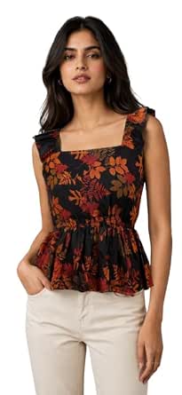 SANA VISTA Women Floral Printed Sleeveless Peplum Top with Waist Elastic for Girls Casual Square Neck Ruffle Strap Summer Stylish