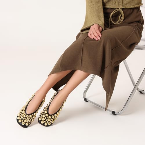 Saint Leia Women's Black Ballet Flats Shoes with Gold Silver Pearls Ideal for Work Parties Everyday Wear4