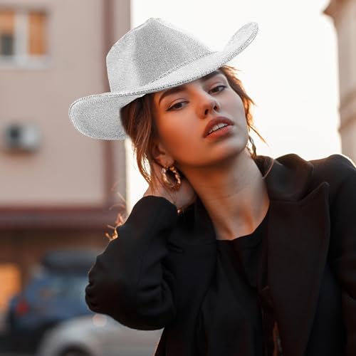 Image of Hercicy Rhinestone Cowboy Hat with Diamond Fringe CowHat for Cosplay Wedding circumference between 21.5 and 23.5 inches