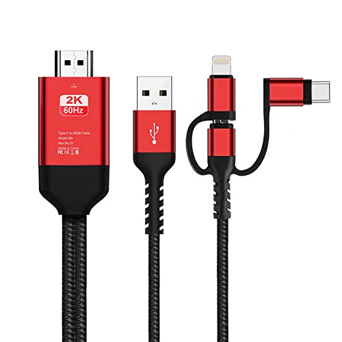 NIBEMINENT 3 in 1 2M HDMI Cable HDTV Adapter AV Cable for Lightning/Micro USB/Type C to HDMI 1080P For iPhone Android Phones (Red)