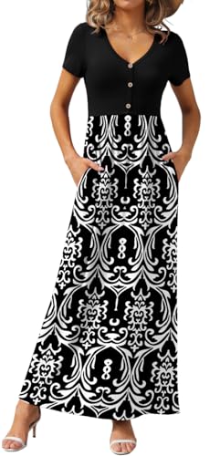 Image of GRECERELLE Womens Summer Long Maxi Dresses 2026 Short Sleeve V Neck Casual Button Dress with Pockets