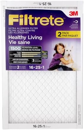 Filtrete 16x25x1 Furnace Filter, MPR 1500, MERV 12, Healthy Living Ultra-Allergen 3-Month Pleated 1-Inch Air Filters, 2 Filters