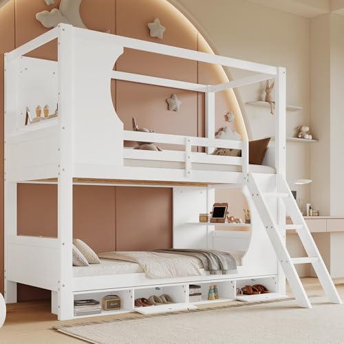 SACOOL Litera, 90 x 200 cm, cama infantil con reja anticaídas, con mesa, zapatero con cuatro compartimentos, amplio espacio de almacenamiento, tres niveles, madera de pino+MDF+madera contrachapada