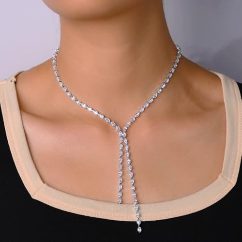 STONEFANS Long Tennis Necklaces for Women - Dainty Silver Lariat Necklace Rhinestone Y Shaped Drop Necklace Cute Choker Necklaces for Women Trendy Silver Prom Jewelry Gifts4