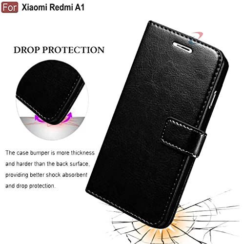 Image of CEDO Flip Cover for Redmi A1 / Redmi A2 (4G) | Leather Finish | Inside Pockets & Inbuilt Stand | Shockproof Wallet Style Magnetic Closure Back Case Flipcover (Black)