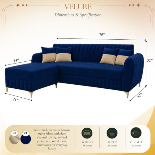 Image of CASASTYLE Signature Velour 4-Seater L-Shape Sofa Set with Movable Ottoman | Flexible LHS /RHS Layout | Boston Matte Fabric | 40D Foam + Zigzag Spring | 3-Yr Warranty (Midnight Blue)