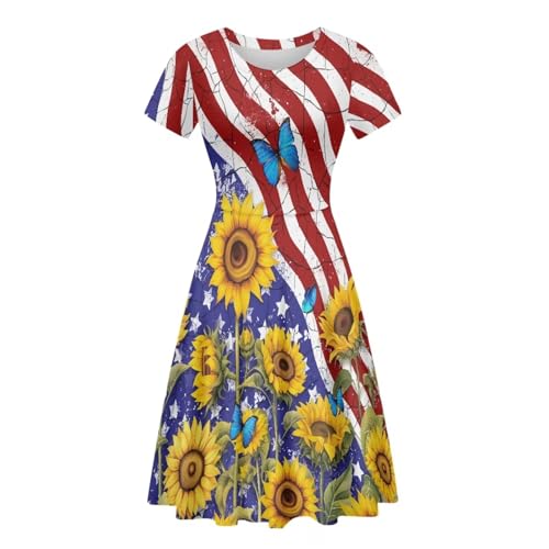 Image of HUGS IDEA Womens Puffy Swing Midi Dress Round Neck Short Sleeve Party A-Line Dresses
