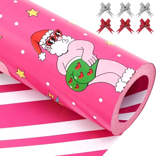EWES Funny Christmas Wrapping Paper Rolls Set,Pink Cute Santa Gift Wrap