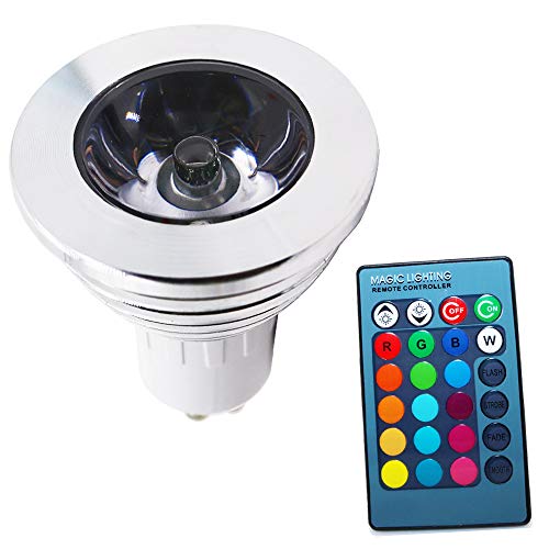 Bombilla LED RGB GU10 de 3 W, cambio de color, bombilla con mando a distancia, 180 lm, CA 85 – 265 V, 50 x 60 mm, multicolor, regulable, 16 colores, 4 modos