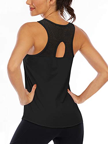 LASLULU Womens Summer Workout Tank Tops Open Back Sleeveless Tops Loose Fit Casual Tunic Tops Mesh Muscle Tank Sports Gym Shirts Activewear(Black Medium)