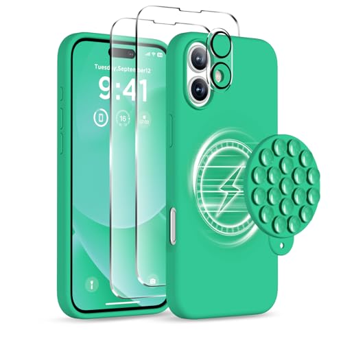 Image of Magnetic for iPhone 16 Case, Compatible with Magsafe, Suction Cup Phone Mount, [2 Screen Protectors][Camera Lens Protector] Silicone Shockproof Protective Slim Phone Cover 6.1 inch, Emerald Green