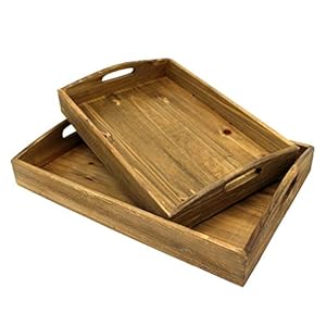 CVHOMEDECO Primitives Wooden Nesting Tray Country Farmhouse Wood Serving Tray for Dining Tableware Kitchen Food Breakfast Coffee Bar Party or Display Set of 2