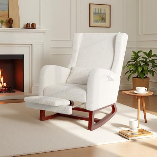 PerGar Fauteuil à Bascule avec Repose-Pieds, Chaise à Bascule avec Dossier Haut, Fauteuil de Relaxation rembourré, pour Salon, Chambre à Coucher et Balcon, Blanc cassé, Velours Teddy