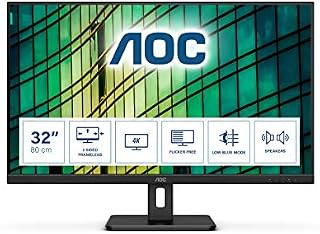 AOC U32E2N - 32 Inch 4K UHD Monitor, 60Hz, 4ms, VA, Speakers, FlickerFree, LowBlue Light (3840x2160 @ 60Hz, 350cd/m², HDMI/DP)