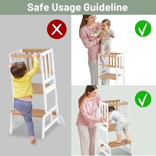 COSYLAND Toddler Standing Tower - Adjustable Height Toddler Kitchen Stool Helper - Kids Kitchen Step Stool for Learning with Removable Safety Railing White & Natural