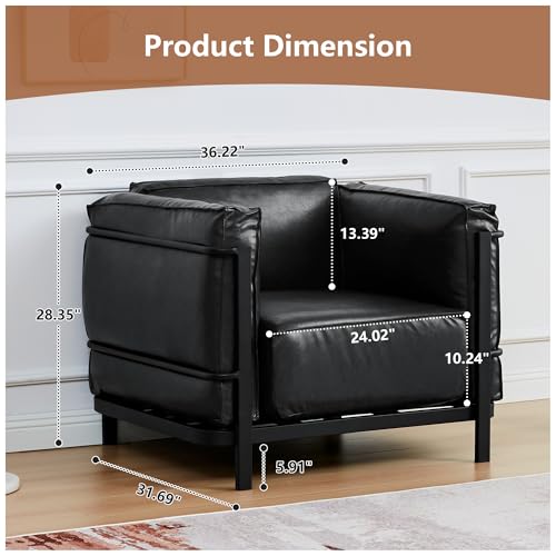 Image of QHITTY Sofa Chair, Mid-Century Modern Upholstered Couch Chair Faux Leather Sofa Couch with Iron Frame and Upholstered Armrest Backrest Cushion for Living Room, Office, Apartment (Black)
