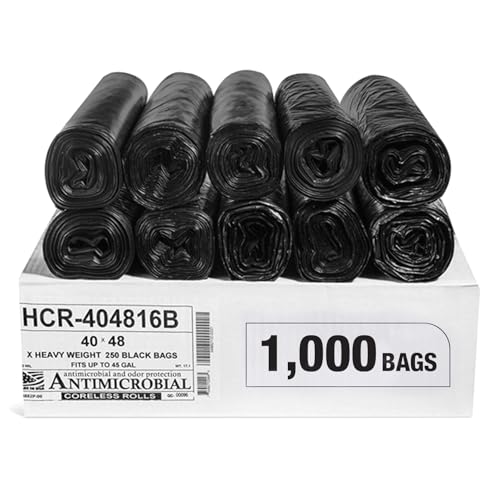 Image of Aluf Plastics High Density Trash Bags, 45 Gallon, 1000 Count, 16 Micron (eq), 40 inch x 48 inch, Black, for Bathroom, Office, Industrial, Commercial, Janitorial, Municipal, Recycling