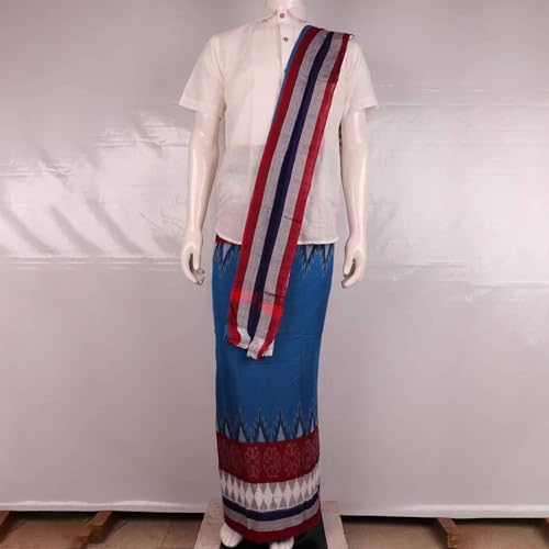 Image of Authentic Sambalpuri Handloom Cotton Unstitched Dhoti with Utari for Men | Traditional Odisha Weave Ikat Dhoti for Festive & Religious Wear