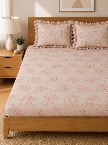 Image of 380 TC Premium Glace Cotton Elastic Fitted Bedsheet King Size with 2 Pillow Covers King Size | Double Bed with All Around Elastic (Petal Pulse, Fitted Queen-60x78)