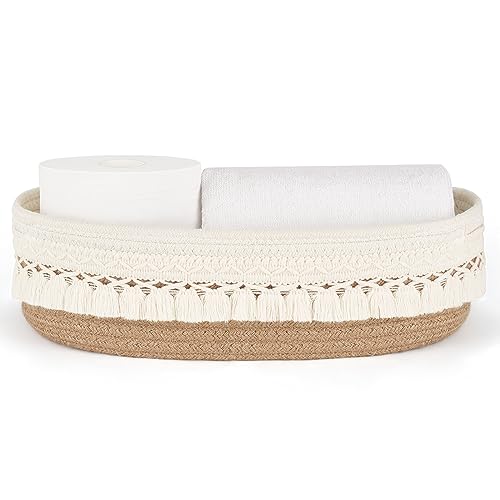 Dahey Woven Basket Macrame Storage Basket for Toilet Tank Top Boho Decor Toilet Paper Basket for Bathroom Organizing, Toilet Tank Tray for Counter Table Bedroom Living Room Nursery, Brown