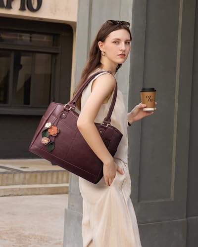 Image of LOVEVOOK Laptop Bag for Women, Original Vintage Work Tote Bag Computer Office Teacher Bag with Flower Pendant