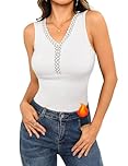 Crewhpo Women's Thermal Tops Sleeveless Thermal Vest Lace V Neck Base Layer Lightweight Winter Warm Underwear White