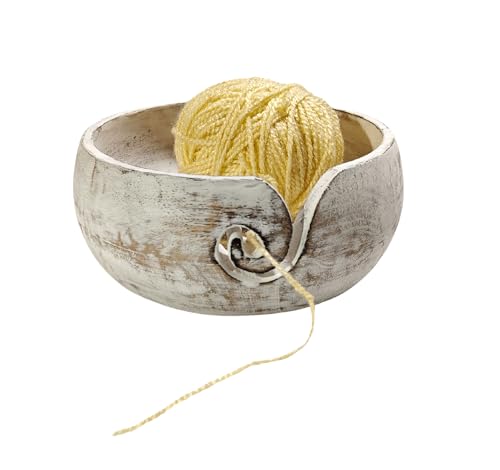 Image of Handmade Acacia Wood Yarn Bowl - Large Knitting & Crochet Holder for Tangle-Free Crafting - 6.5 inch x 3 inch (Antique White) - Gift for Knitters & Crocheters